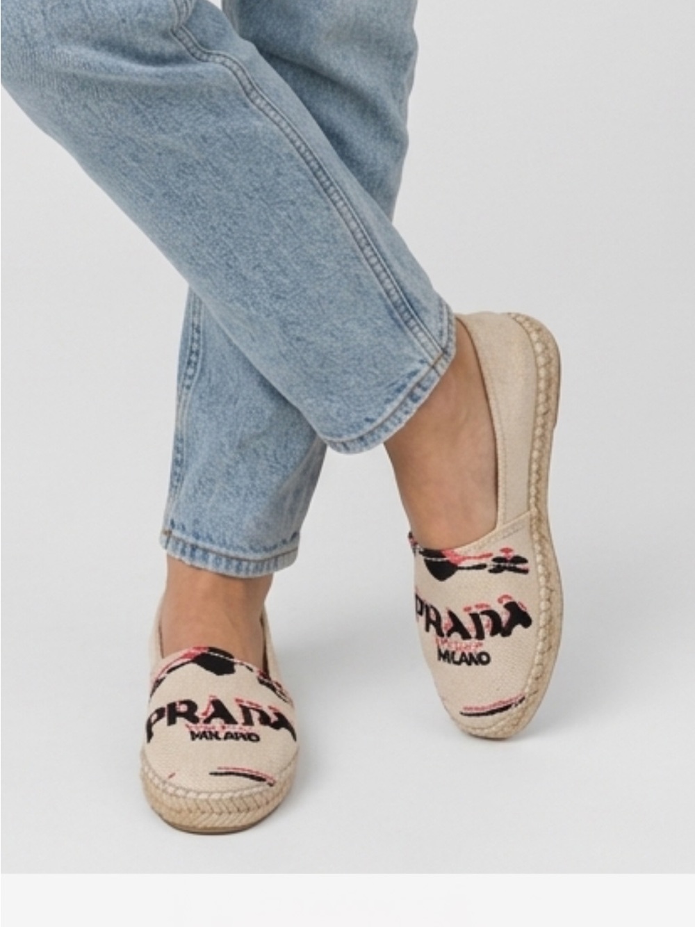 Prada Beige Canvas Logo Espadrilles with Pink & Black Accents